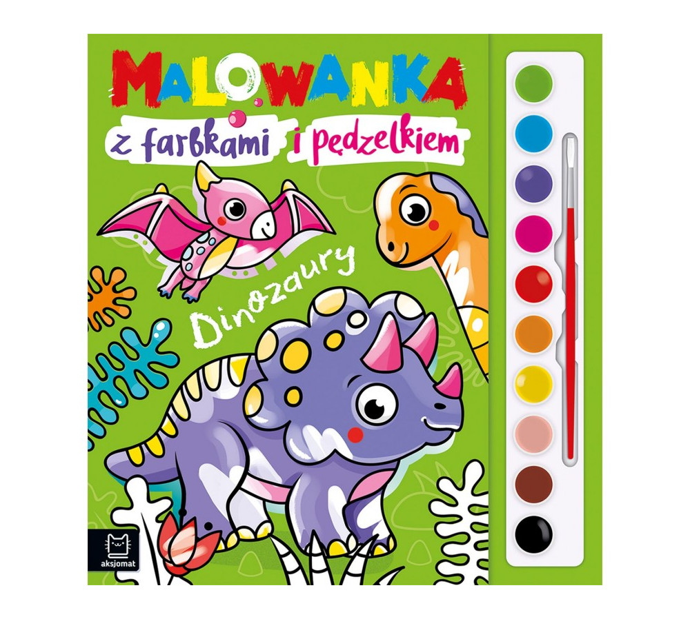 Malowanka z farbkami i pędzelkiem. Dinozaury AKSJOMAT