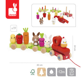 Janod Pociąg z klockami i figurkami do ciągnięcia Farma 12m+