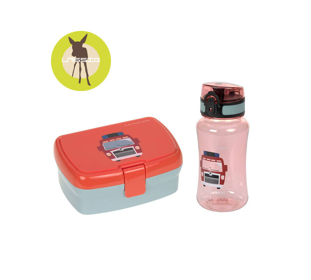 Lassig Zestaw na lunch Lunchbox + Tritanowa butelka - bidon 460 ml Tiny Drivers Wóz strażacki