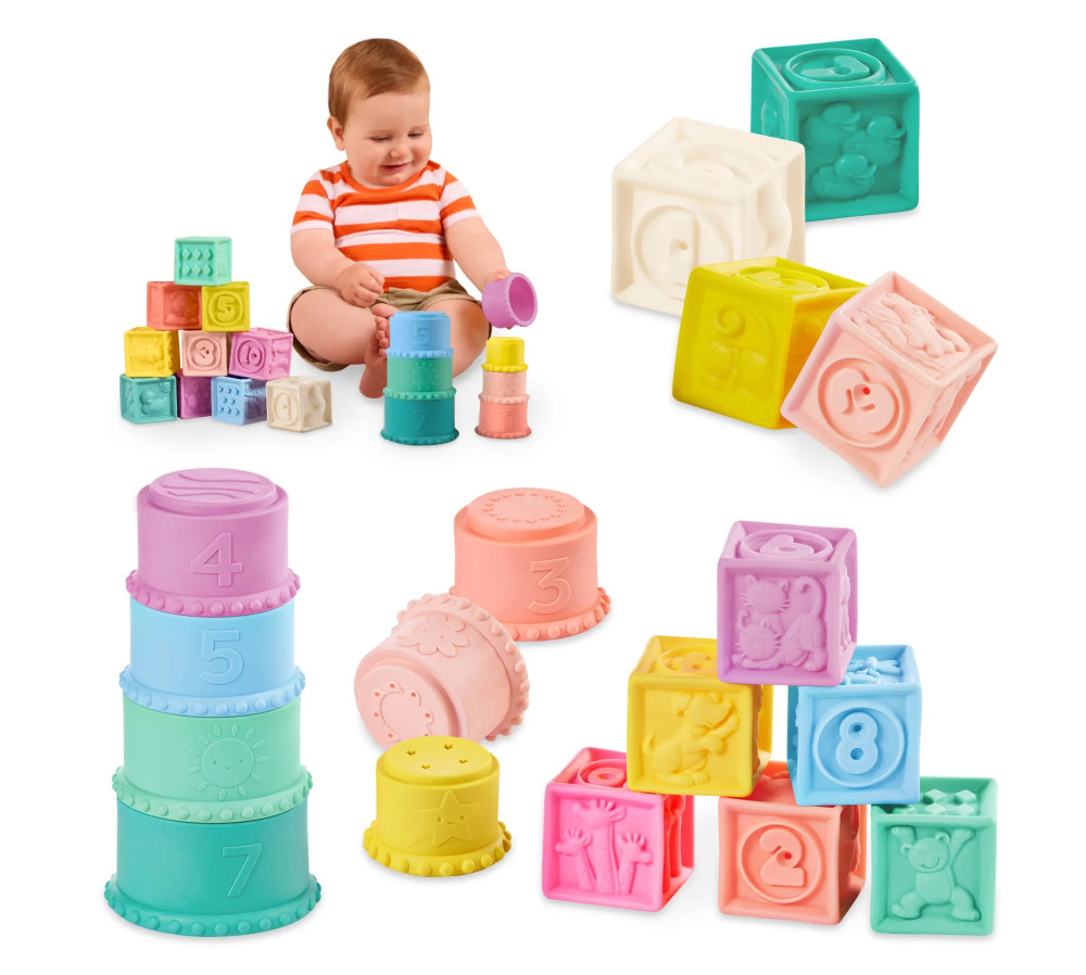 Miękkie kubeczki i klocki sensoryczne 2w1 6m+ Stackin’ Squishies B.TOYS