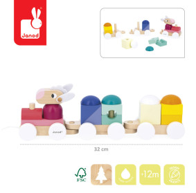 Janod Pociąg drewniany z klockami i zwierzątkami do ciągnięcia Zigolos 12m+