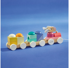 Janod Pociąg drewniany z klockami i zwierzątkami do ciągnięcia Zigolos 12m+