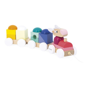 Janod Pociąg drewniany z klockami i zwierzątkami do ciągnięcia Zigolos 12m+