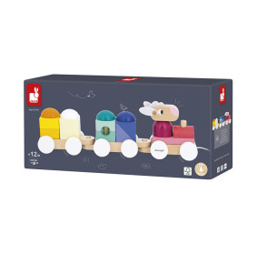 Janod Pociąg drewniany z klockami i zwierzątkami do ciągnięcia Zigolos 12m+