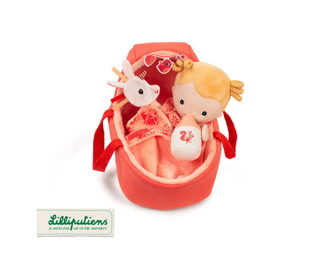 LILLIPUTIENS Lalka dzidziuś w gondoli z komforterem i butelką mleka Lena 12 m+