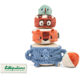 Lilliputiens Piramida dźwiękowa sensoryczne klocki z grzechotkami Zwierzątka 12m+