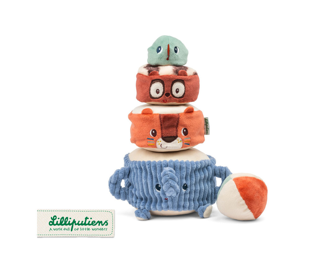 Lilliputiens Piramida dźwiękowa sensoryczne klocki z grzechotkami Zwierzątka 12m+