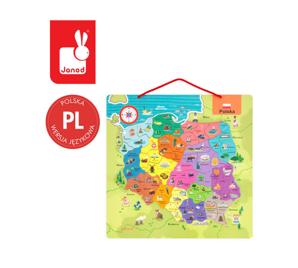 Janod Puzzle magnetyczne Mapa Polski 69 magnesów 7+