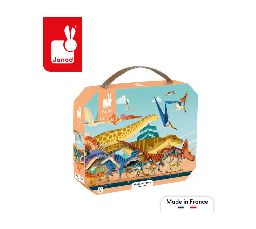 Puzzle panoramiczne w walizce Dinozaury 100 elementów 6+ Made in France, Janod