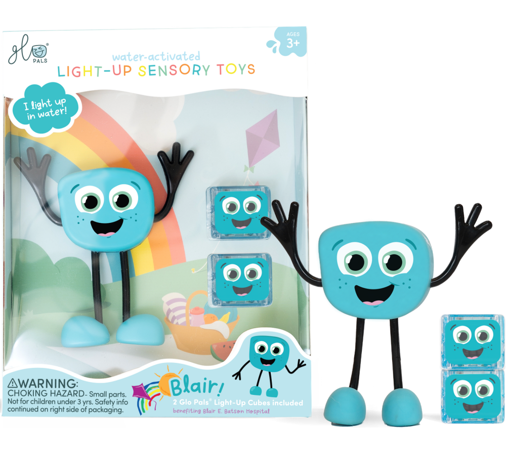 Glo Pals, Postać do kąpieli Blair - zestaw z dwiema kostkami sensorycznymi świecącymi w wodzie