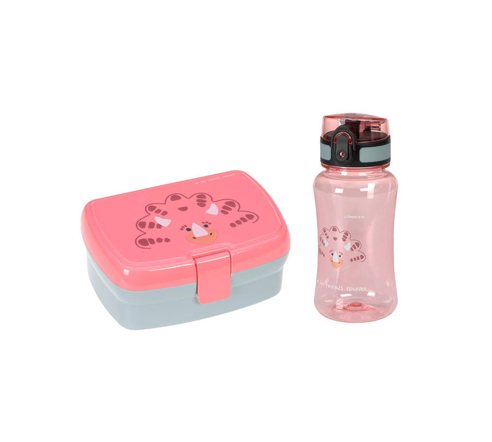 Lassig Zestaw na lunch Lunchbox + Tritanowa butelka - bidon 460 ml About Friends Dinozaur różowy