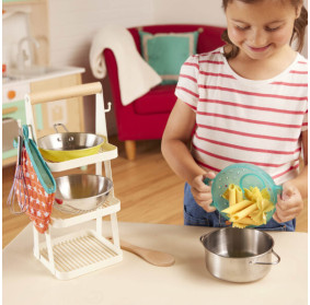 Zestaw REALISTYCZNYCH NACZYŃ i PRZYBORÓW kuchennych, ze stojakiem B.TOYS