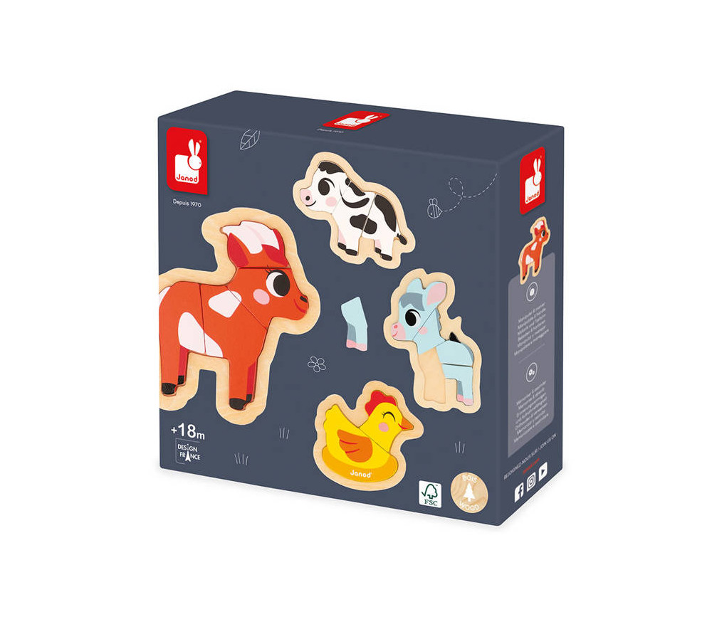 Puzzle progresywne drewniane Farma 4 układanki – 2, 3, 4 i 5 elementów 18 m+ Janod  J07114