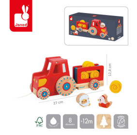 Drewniany traktor do ciągnięcia Farma 12 m+ Janod J03317