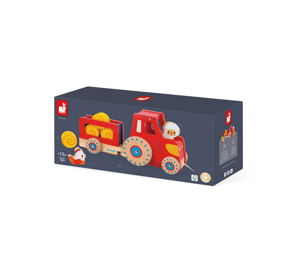 Drewniany traktor do ciągnięcia Farma 12 m+ Janod J03317